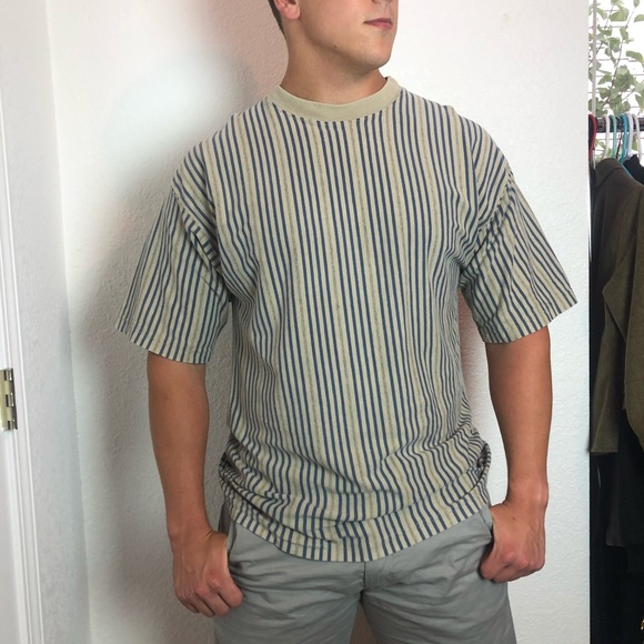 Vtg Tan with Blue Stripes Tee - Picture 1 of 9